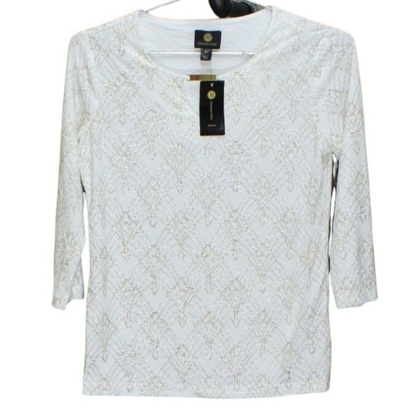 JM Collection Petite Keyhole Jacquard Top Eggshell Silver Combo PP - Picture 2 of 3